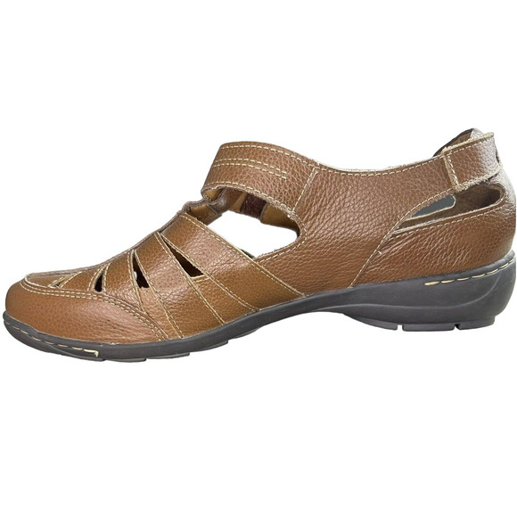 Bjorndal Womens Sz 10W Mary Janes Dark Tan Leather with Cutouts Strap Sandals - Picture 4 of 10